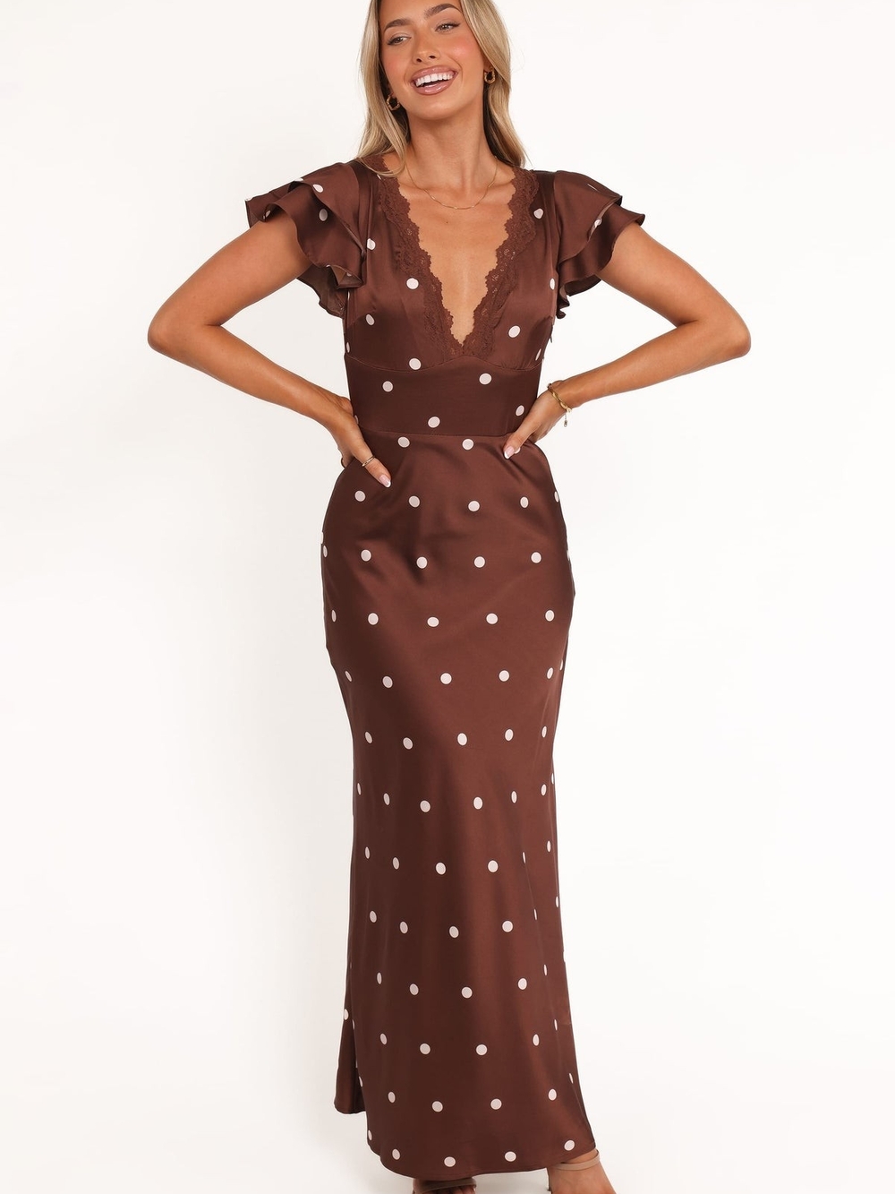 Petal & Pup Brown Polka Dot Lace-Trim Maxi Dress